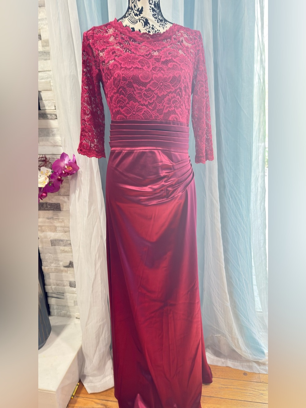 Elegant Maroon Burgundy Satin & Lace Gown - 3/4 Sleeve Maxi Dress - Size M - Picture 4 of 10